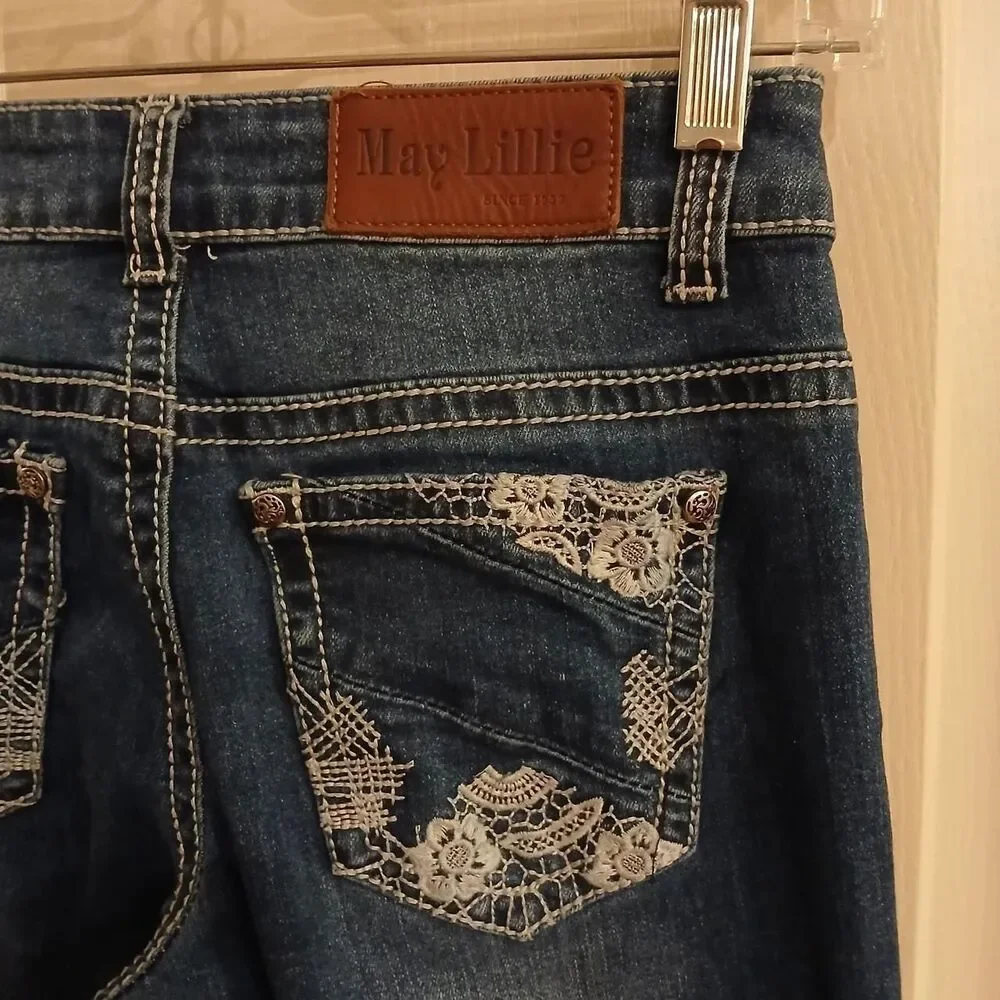 May Lillie bootcut jeans thick white stitch crochet lace embellished pockets 12y - Picture 3 of 7